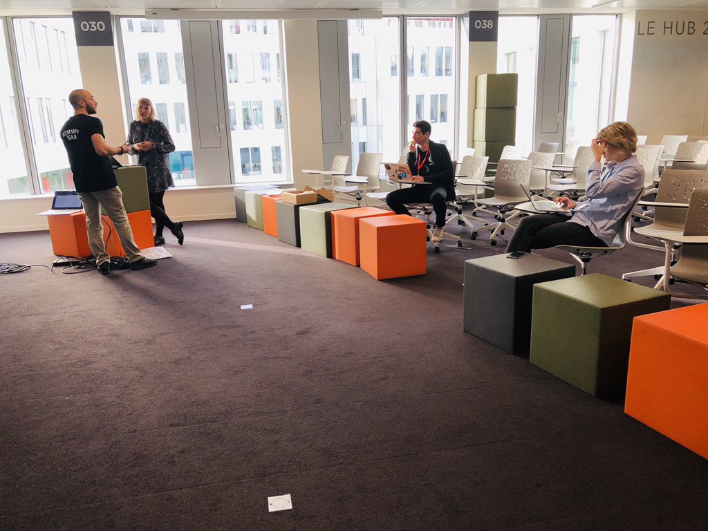 BeMyAppFR's tweet photo. Deuxième journée sur le #hackathon @SNCF_Digital #hackandbot ☀️les six équipes se préparent pour les démos finales en finalisent leurs projets sans oublier de tester leurs techniques de pitch ! Les démos finales commencent à 16h15 ⏳ Qui remportera le 1e prix ? 🥇🏆 Stay tuned ! https://t.co/sQPCjbsAsn