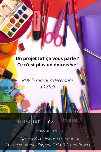 Ravis d'accueillir <a href="/easiliot/">Easiliot</a> et frugale pour un meetup plein de créativité le mardi 3 décembre à partir de 18h30.
Un atelier qui vous permettra de participer ou imaginer la création d'un projet IoT.
Accessible à tous avec ou sans projet

Inscriptions : meetup.com/fr-FR/Les-even…