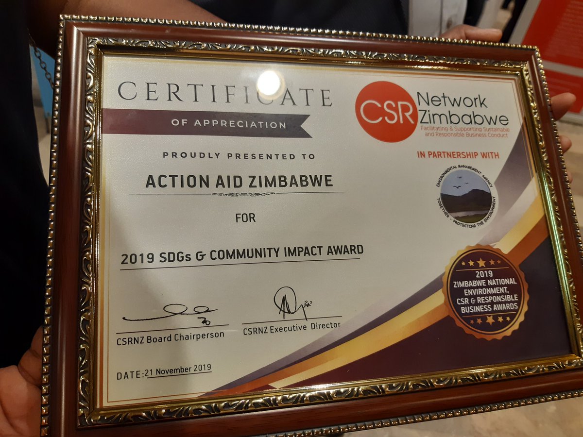 ActionAidZim's tweet photo. We are humbled to receive yet another award...We are one of the top 20 sustainable organisations of the year 2019 in #Zim to be awarded by the Corporate Social Responsibility #CSR2019 and the Environmental Management the #SDG and Community Impact Award https://t.co/sEtbzk8tS5