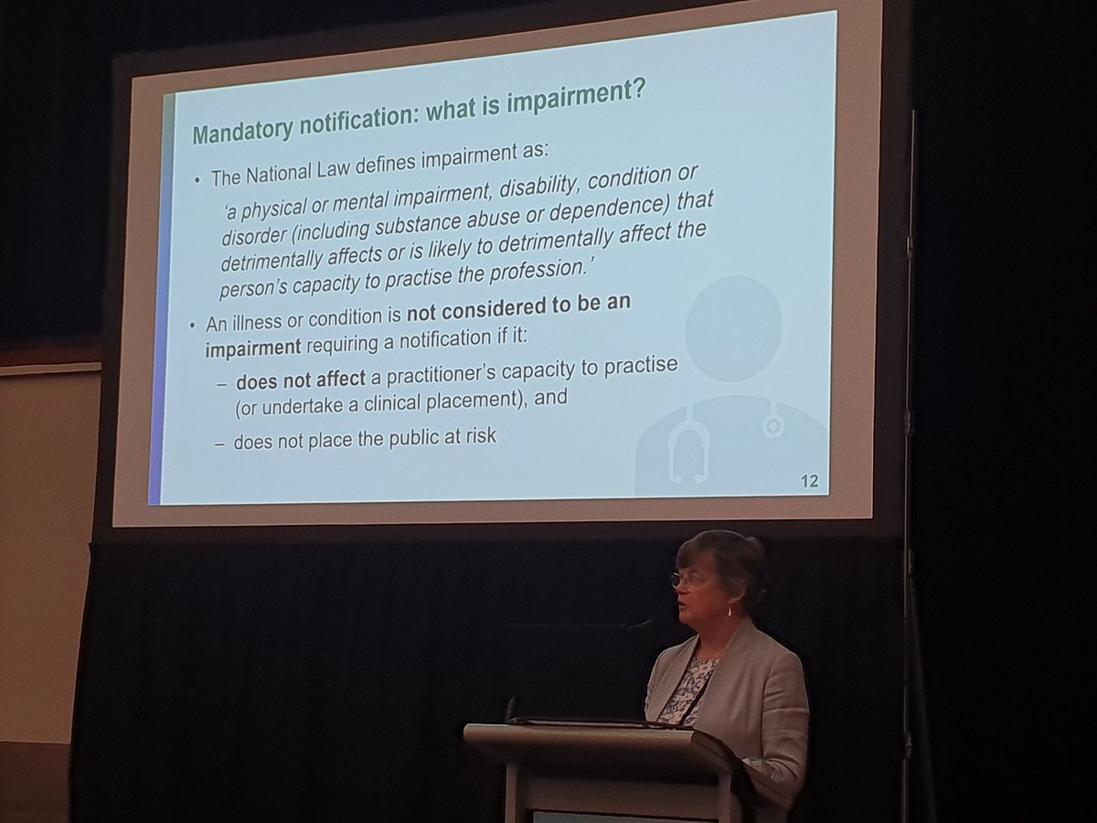 The bar for #MandatoryReporting to the #MedicalBoard of Australia is much, much higher than we think. 

@tonkin_anne sets the story straight and implores all #AustralianDoctors to seek the medical and psychological help they need.

An illness is NOT an #impairment.

#ADHC2019