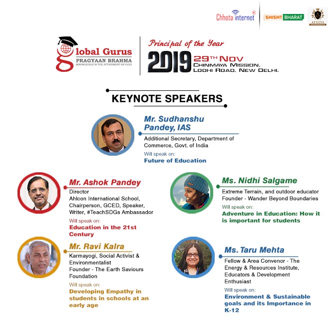 ConclaveGuru's tweet photo. We welcome our keynote speakers at the Principal of the Year 2019 on the 29th of November, 2019 at Chinmaya Mission, Lodhi Road, New Delhi.
The Keynote speakers r going to speak on these meaningful topics that can not be ignored but to be focused in this era of education. https://t.co/nF0sKYWBz6