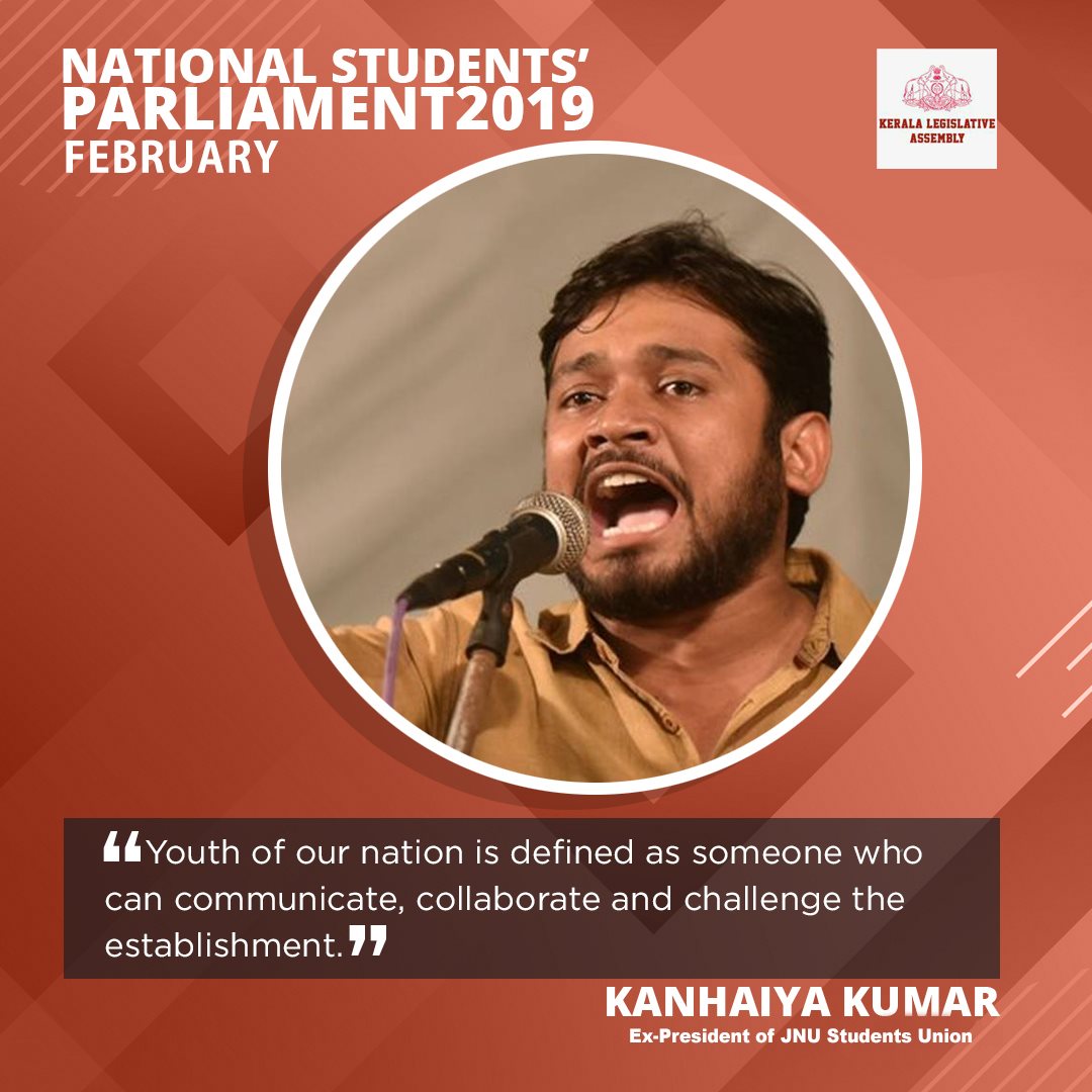 kerala_assembly's tweet photo. Kanhaiya Kumar on the importance of freedom of speech.

"Without freedom of speech and expression, the society would lose its ability to challenge existing norms and beliefs," he said during his speech on National Students’ Parliament February 2019. https://t.co/YTekQ2L5d8