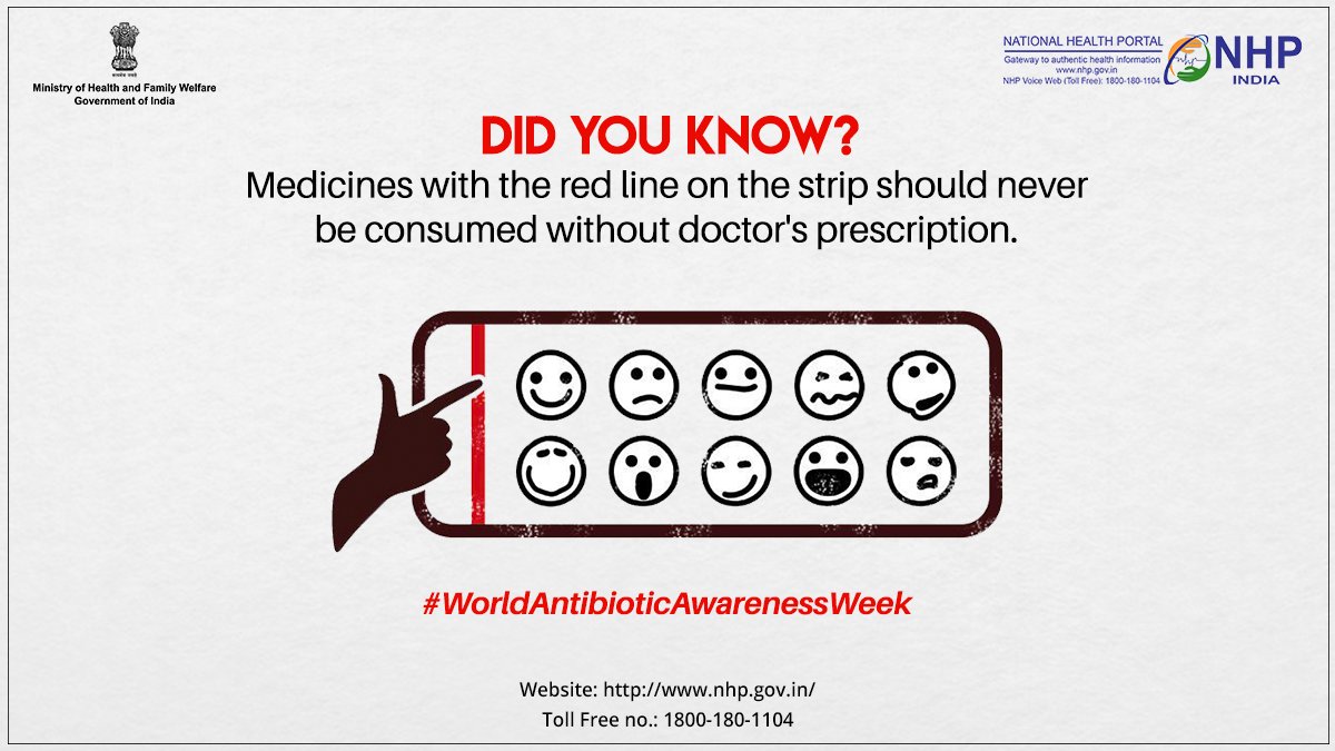 You can prevent antibiotic resistance. A RED LINE on the strip of medicines implies that the medicine should not be consumed without a doctor's prescription. 

#SwasthaBharat #AntibioticResistance #WorldAntibioticAwarenessWeek