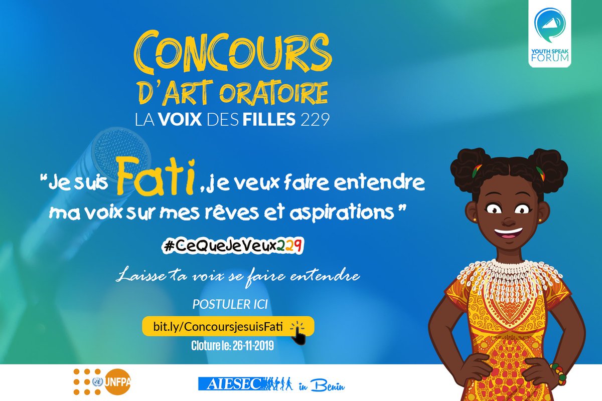 AIESECinBENIN's tweet photo. Moi #Fati, j'ai fait le choix de briser le silence, de parler de mes rêves &amp; aspirations, car j'ai un opinion qui compte &amp; peut bâtir la nation. #Jeune #fille, comme #Fati, laisse ta voix se faire entendre https://t.co/oe00P7YUll #CeQueFatiVeut  #LaVoixDesFilles229 @unfpa_benin https://t.co/8SSKYze9gM