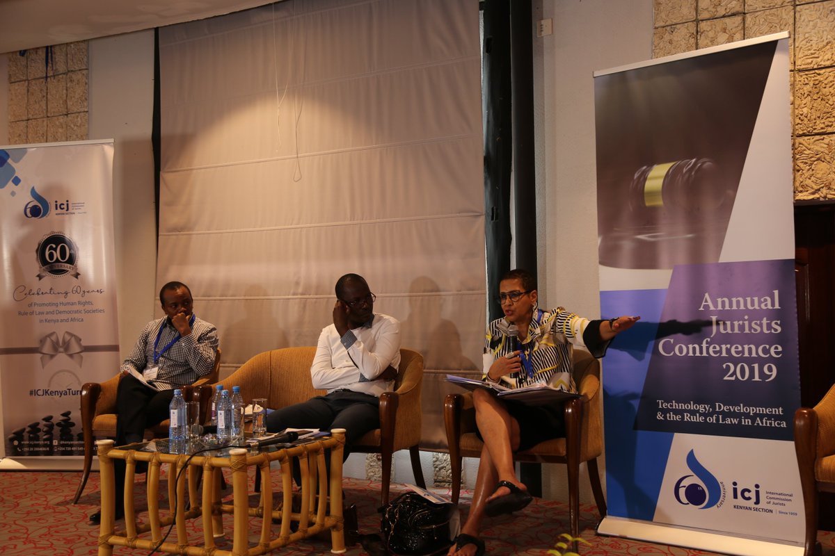 ICJKenya's tweet photo. Rtd. Justice Anne Claire, Dr. Francis Kariuki, Emilia Siwingwa, Prof. Christopher Mbazira in a panel discussion on Justice, jurisprudence and The Law: Emerging Legal Trends and Jurisprudence on Development at #AJC2019 #TechDevRuleofLaw @StrathmoreLaw @KAS_LawAfrica @cipesaug https://t.co/7k3WgYygOK