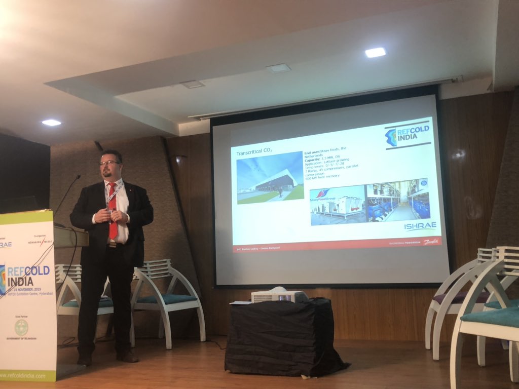 naghari_krishna's tweet photo. Mr Carsten Dahlgaaard @DanfossCool presenting on the advantages of transcritical, cascade systems using co2 and ammonia for #Industrial #refrigeration & importance of sustainable #cooling at #REFCOLD @ishraehq https://t.co/JvnvX1pdl9
