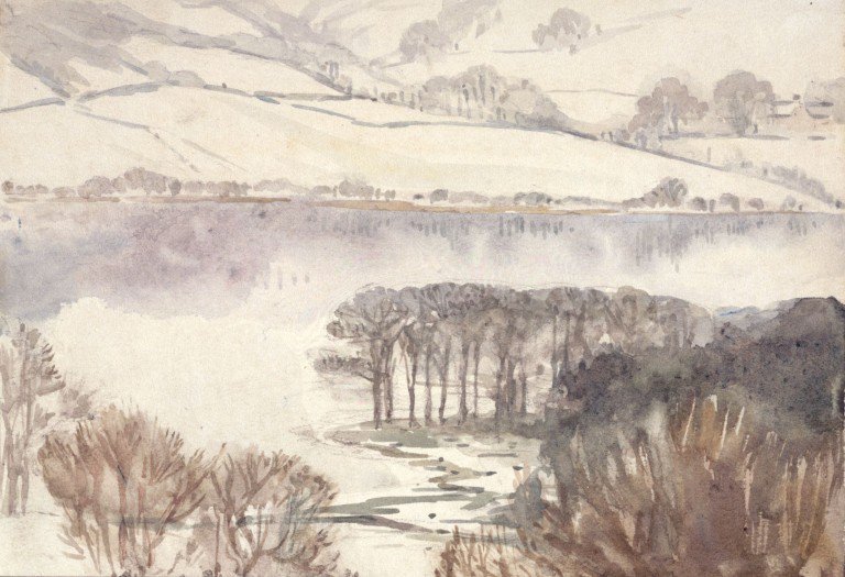 Beatrix Potter, English author. illustrator, natural scientist, and conservationist. Esthwaite Water and snow-covered hills, 1913 #womensart