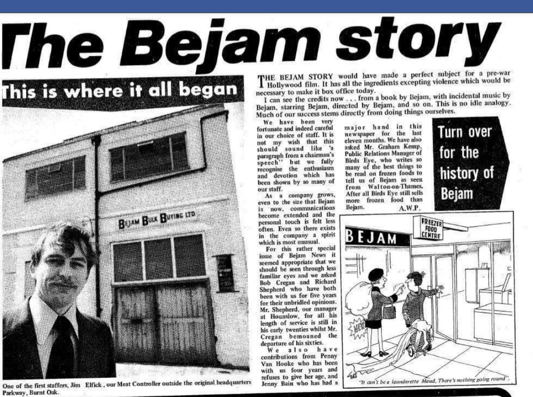 Bejam, the frozen food chain, was founded in 1968, by an Edgware pototo dealer called John Apthorp. The first HQ was in Burnt Oak, when the business was called Bejam Bulk Buying Ltd. Image via the Bejam Memories Facebook group.
