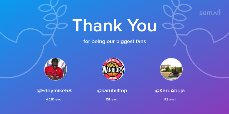 Our biggest fans this week: Eddymike58, karuhilltop, KaruAbuja. Thank you! via sumall.com/thankyou?utm_s…