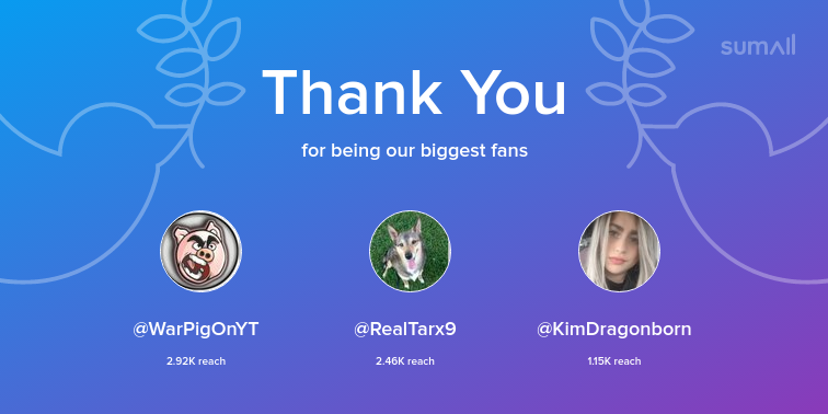 AustinCreatesbv's tweet image. Our biggest fans this week: WarPigOnYT, RealTarx9, KimDragonborn. Thank you! via sumall.com/thankyou?utm_s…