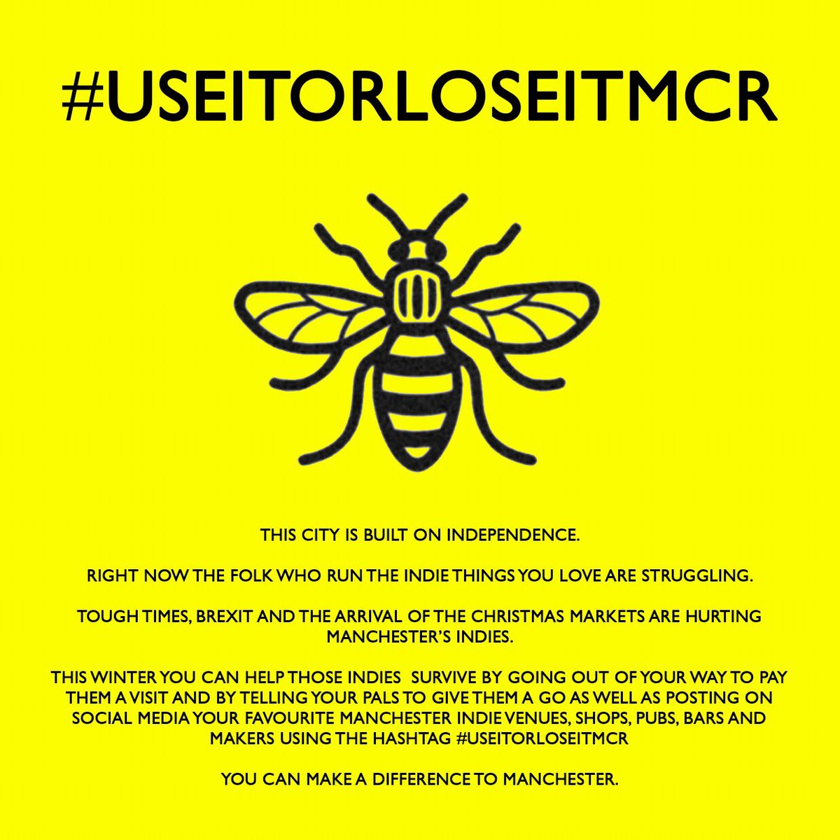 Morning! We’ve had a shitty time of it recently but we’re not alone. Lots of great Manchester indies work their arses off to do good stuff in this fine city. You can help them get through tough times by paying them a visit, recommending them to your pals or sharing this message!