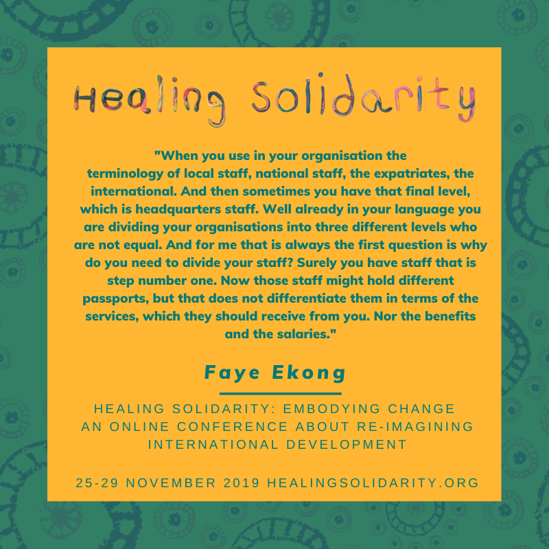 Why do you need to divide your humantarian staff? asks @ekongfaye - hear her speak in the free Healing Solidarity online conference next week. All the details and sign up are at bit.ly/37v9cVg
#ShiftThePower #adaptdev #ReformAid
#aid #NGOs
#humanitarian #aidworkers