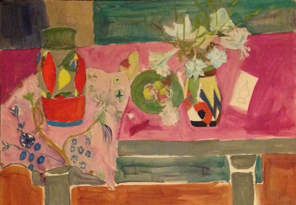 StephenString17's tweet image. Rough design and colour sketch in turpsy oils for large still life painting.  Steve Stringer