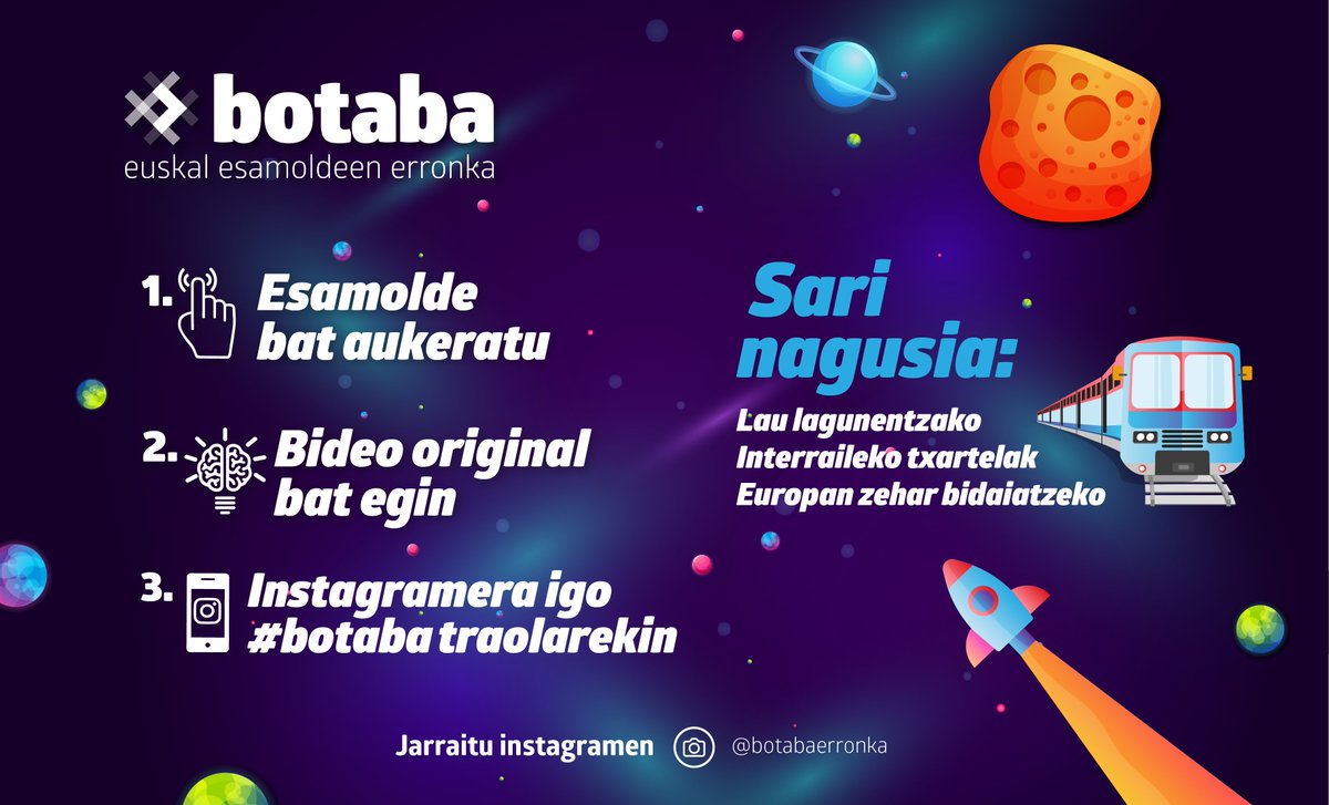 botabaerronka's tweet photo. 📢 Datorren astelehena, azaroak 25, izango da #Botaba erronkan parte hartzeko azken eguna. Gazteak garaiz dabiltza oraindik bideoak egin eta sari ederrak irabazteko. 

�� https://t.co/mwYoWsHtjS

#euskara #esamoldeak #labayrufundazioa https://t.co/02zlxvRwFf