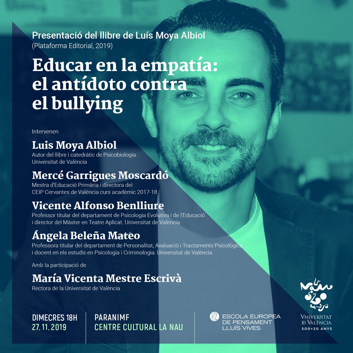 ➡️Dimecres 27 a les⏰18.00 h, el Paranimf de <a href="/LaNauuv/">UVcultura / La Nau</a>🏛️acollirà la presentació del llibre 'Educar en la empatía: el antídoto contra el bullying', de Luis Moya, catedràtic en Psicobiologia🧠a la <a href="/UV_EG/">Universitat València</a>. Vine!🤩 #CCLaNau #ESPensamentVives #DebatsLaNau
go.uv.es/4ZEUYBj