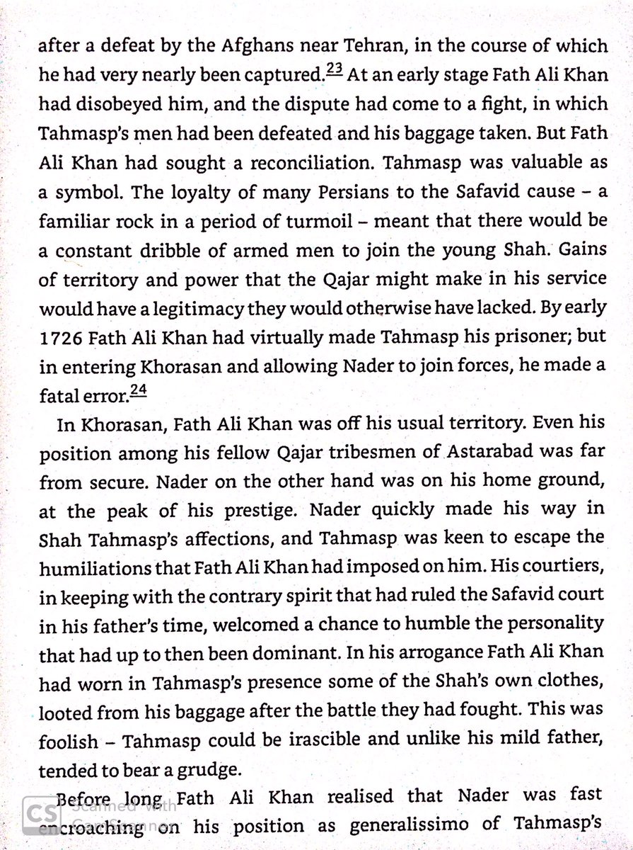 The son of the previous Safavid Shah, Tahmasp, was trying to reestablish his dynasty. He found Nader as a valuable general & intriguerer against his other general. Nader was able to gain many more soldiers with Tahmasp’s legitimacy, & the ability to defeat his rival in Khorasan.
