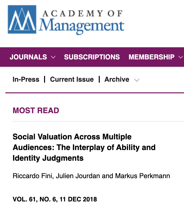 julien_jourdan's tweet photo. Nice to see our AMJ paper on "Social valuation across multiple audiences" being among the MOST READ!

Have you read the paper?
https://t.co/7EDIG4yTIT https://t.co/ztzlYLXAVj
