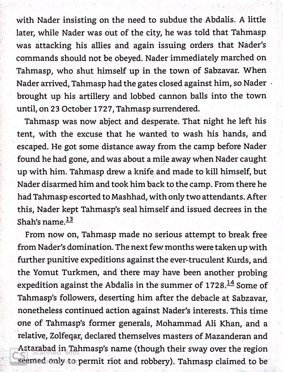 Disputes on war strategy in 1728 led to Shah Tahmasp trying to eliminate Nader. Nader prevailed, & kept Tahmasp as a puppet thereafter.
