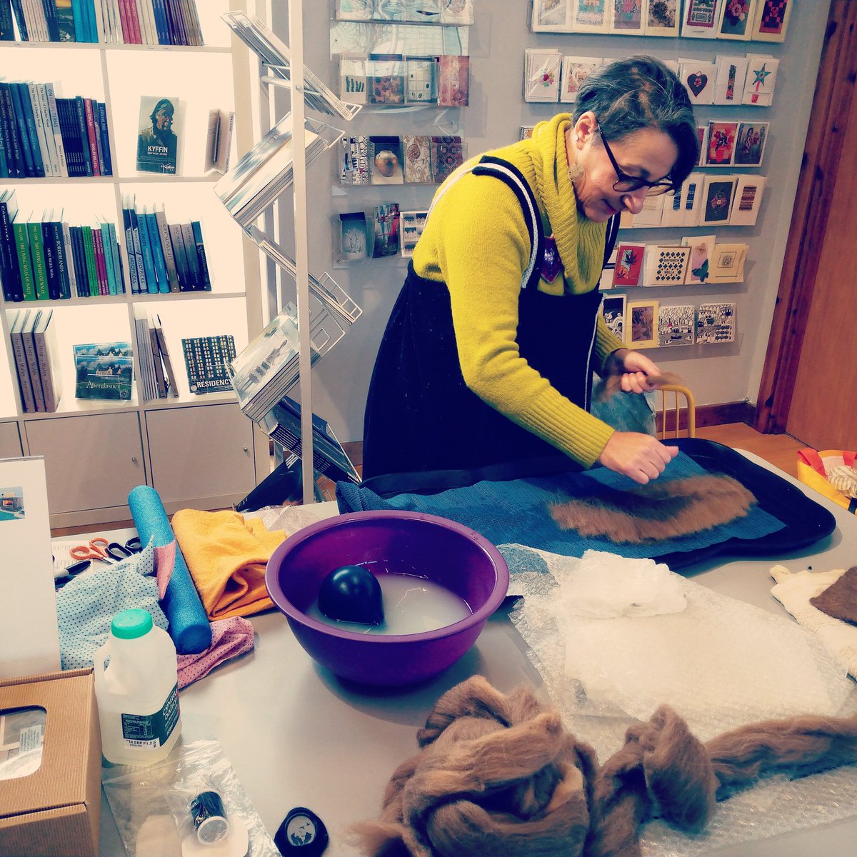 MakersWales's tweet photo. Mandy Nash is demonstrating felting in the gallery today. This is part of our exhibition 'Wool Works'

Come along and watch Mandy make felt slippers or have a go making a felt card yourself!

#WoolWorks #felt #feltdemonstration #learnaboutcraft #craftgallery #britishwool #craft https://t.co/hExJFUtoJr