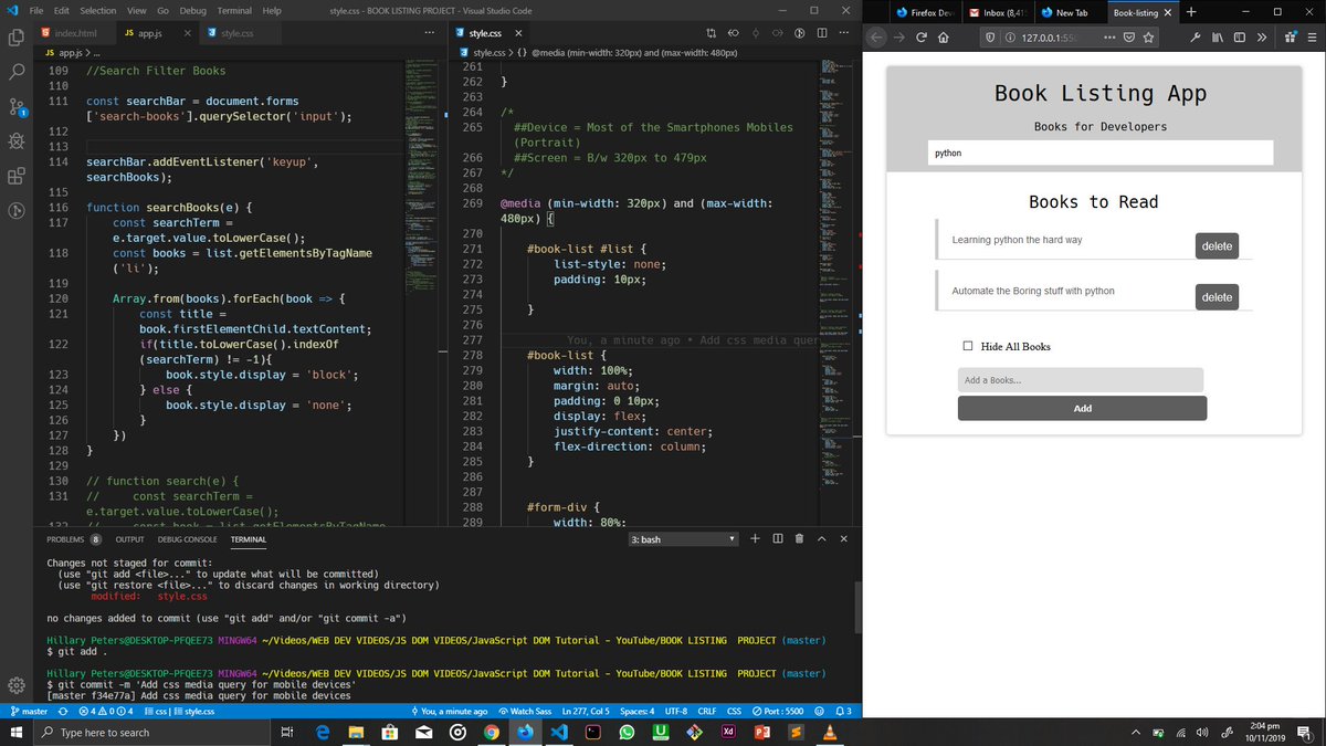 hillarypeters23's tweet image. Today I add search filter functionality and CSS media queries for mobile device to the book listing app.
#codingphase
#365codingphasechallenge
#100daysofcode
#javascript30
#javascriptdeveloper
#coding
#ALCwithGoogle