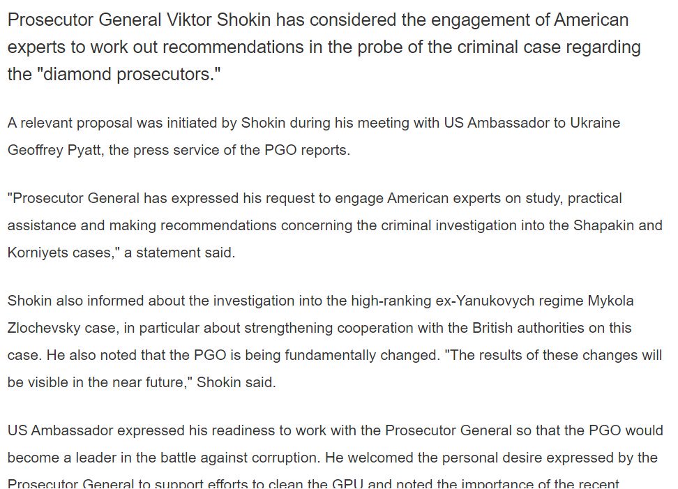 7/ a couple of weeks after Pyatt's excoriating Sep speech, Shokin met with Pyatt  https://www.ukrinform.net/rubric-crime/1894491-shokin-us-ambassador-discuss-tackling-corruption.html . Shokin invited US assistance on a controversial case and Pyatt "expressed his readiness to work with the Prosecutor General"