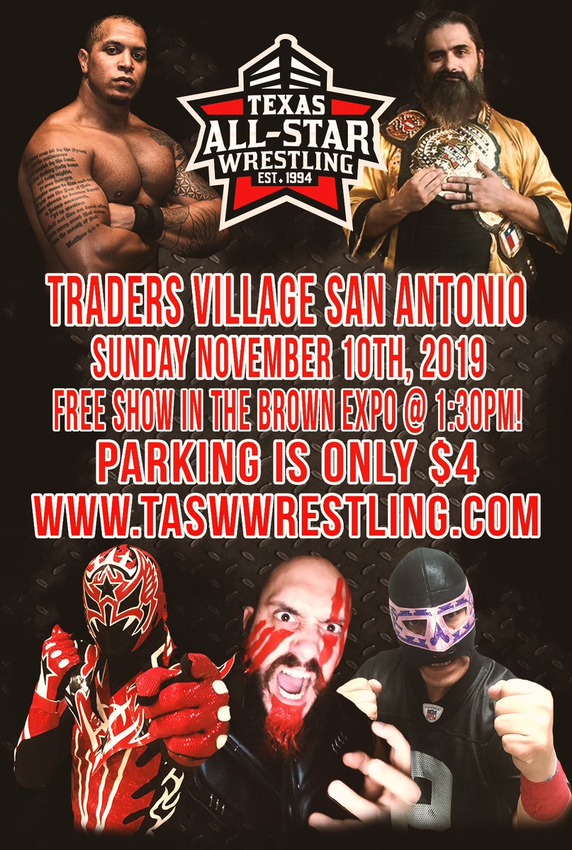 Come see us later today in San Antonio at Traders Village! TASW will kick off at 1:30 in the Brown Expo! This event is FREE and is brought to you by Traders Village San Antonio. Parking is only $4! #TASW #TVSA #TradersVillage #ProWrestling #LuchaLibre #FreeThingsToDo