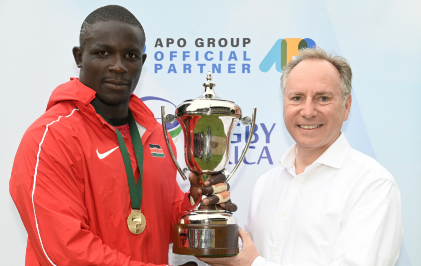 APO Group CEO Lionel Reina handing the Rugby Africa Men’s Sevens trophy ...