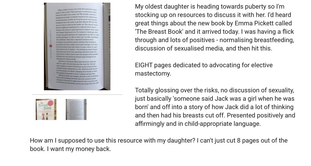therealmissjo's tweet photo. Mothers are furious. This is the sort of book that is given to young girls now. 

It discussed breasts and how they change.

Then casually throws in that some girls are boys and could have an elective mastectomy. 

WTF?!?! https://t.co/bBRCCZFdc1