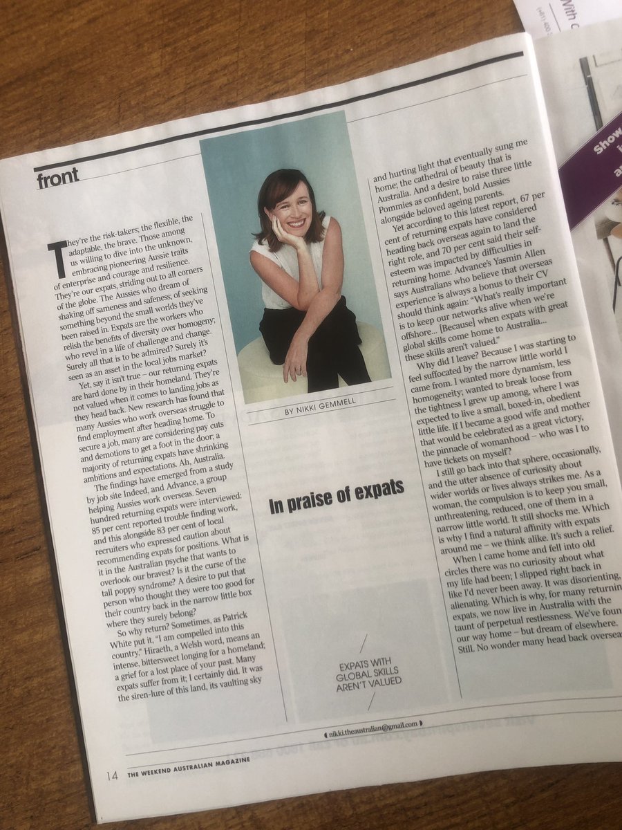 “They’re the risk-takers; the flexible, the adaptable, the brave....” Loving the reflections of <a href="/NikkiGemmell/">Nikki Gemmell</a> on the <a href="/Advance/">Advance Global Australians</a>  and <a href="/indeed/">Indeed</a> report about the challenges #expat‘s face when returning ‘home’ ...