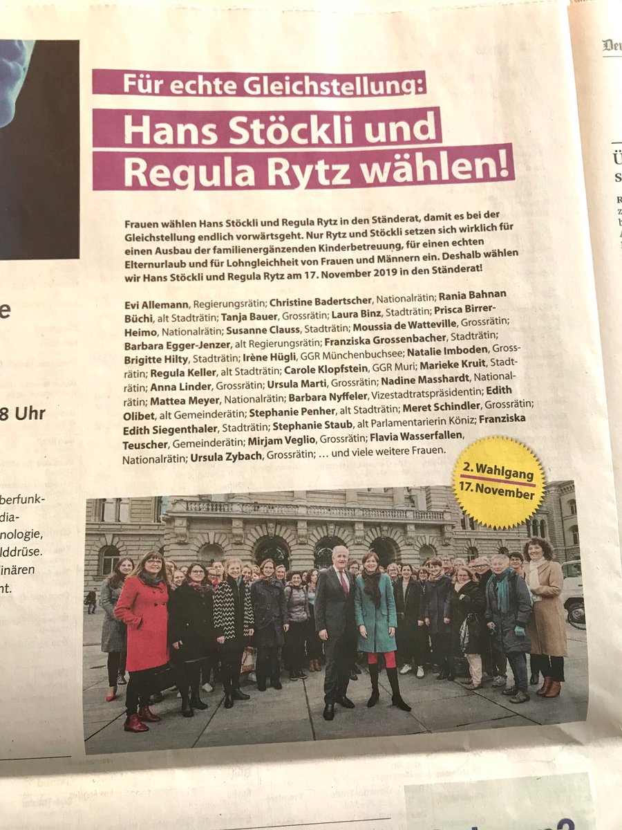 SPBE (@spkantonbern) on Twitter photo Für echte #Gleichstellung: Hans Stöckli und <a href="/RegulaRytz/">Regula Rytz</a> wählen!
via <a href="/derbund/">Der Bund</a> + <a href="/BernerZeitung/">Berner Zeitung</a>
#WahlCH19 #Ständerat #KantonBern <a href="/spfrauenbern/">SP Frauen BE</a> <a href="/gruenebern/">GRÜNE Kanton Bern</a> @EggerJenzer <a href="/eviallemann/">Evi Allemann</a> <a href="/ChBadertscher/">Christine Badertscher</a> @nmasshardt @FWasserfallen <a href="/fteuscher/">Franziska Teuscher</a> <a href="/natalieimboden/">Natalie Imboden</a> @MoussdeWatt <a href="/StephaniePenher/">Stéphanie Penher</a> Für echte #Gleichstellung: Hans Stöckli und <a href="/RegulaRytz/">Regula Rytz</a> wählen!
via <a href="/derbund/">Der Bund</a> + <a href="/BernerZeitung/">Berner Zeitung</a>
#WahlCH19 #Ständerat #KantonBern <a href="/spfrauenbern/">SP Frauen BE</a> <a href="/gruenebern/">GRÜNE Kanton Bern</a> @EggerJenzer <a href="/eviallemann/">Evi Allemann</a> <a href="/ChBadertscher/">Christine Badertscher</a> @nmasshardt @FWasserfallen <a href="/fteuscher/">Franziska Teuscher</a> <a href="/natalieimboden/">Natalie Imboden</a> @MoussdeWatt <a href="/StephaniePenher/">Stéphanie Penher</a>