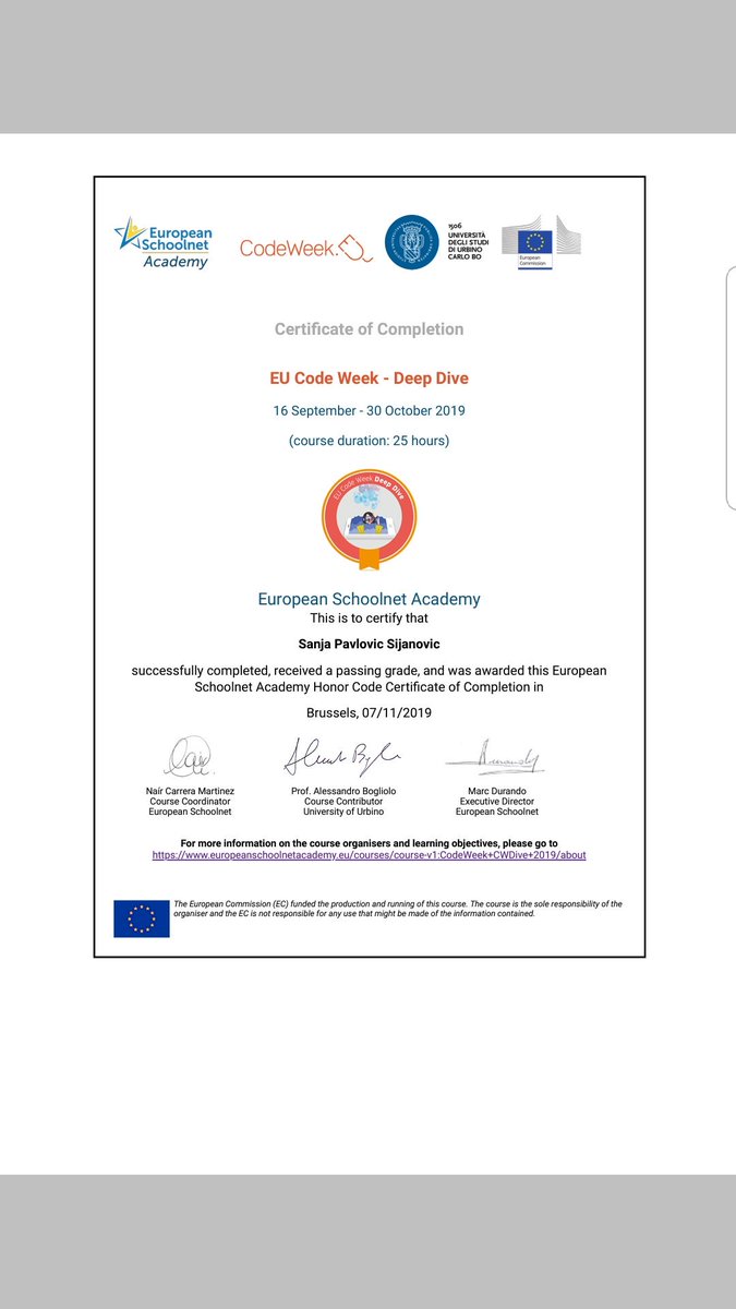 sanja_ps's tweet photo. @CodeWeekEU So happy for my certificate 🤩 It was fun and a great experience! Thank you! #codeweek #eu_schoolnet #EducationForAll @eu_schoolnet @Na_carrera https://t.co/DAYWeJJPcZ