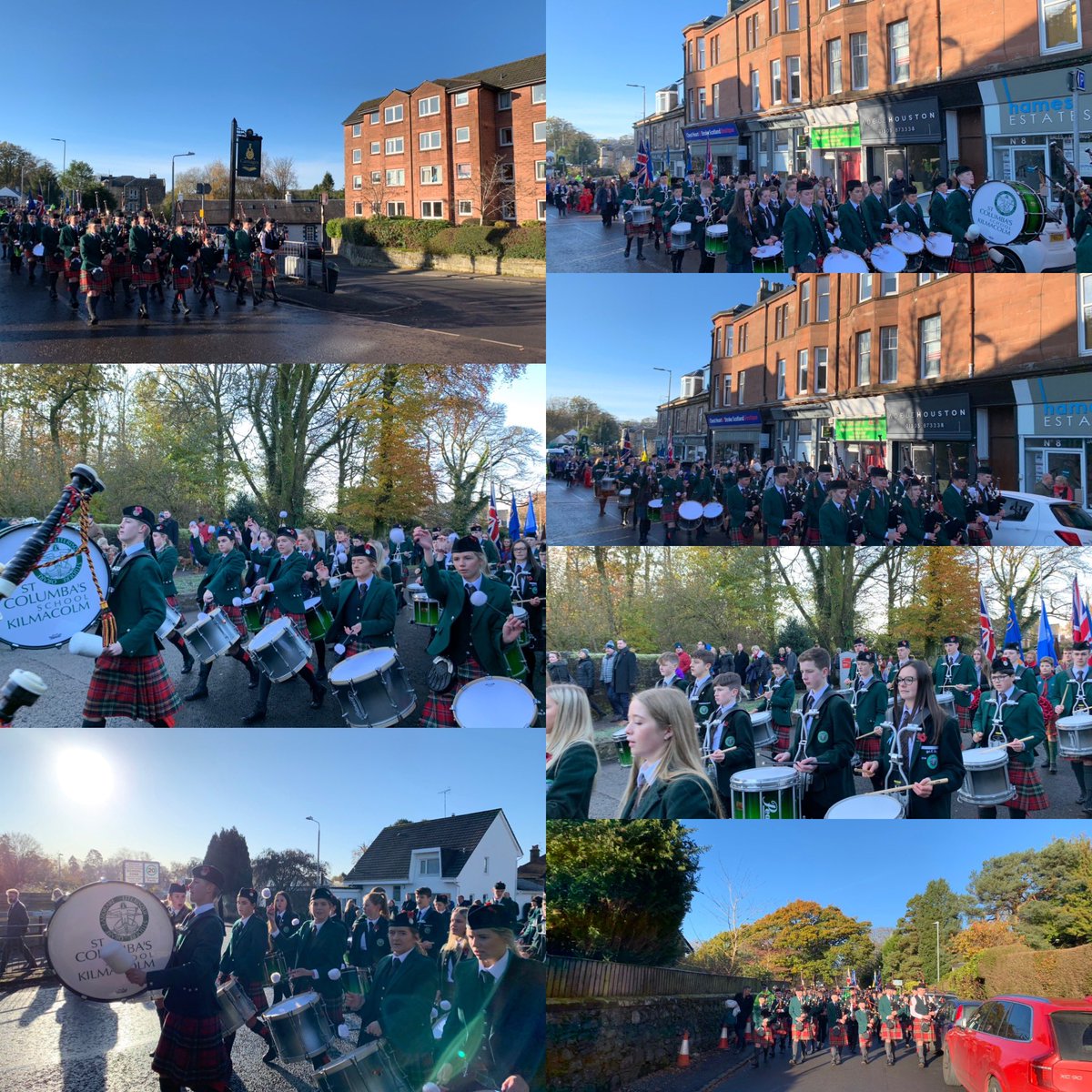 StColPipeBand's tweet image. Stunning weather today in Kilmacolm. Well done to everyone who took part. A quick warm drink then it’s off to Port Glasgow. #RemembranceDay #WeWillRememberThem @StColSchool