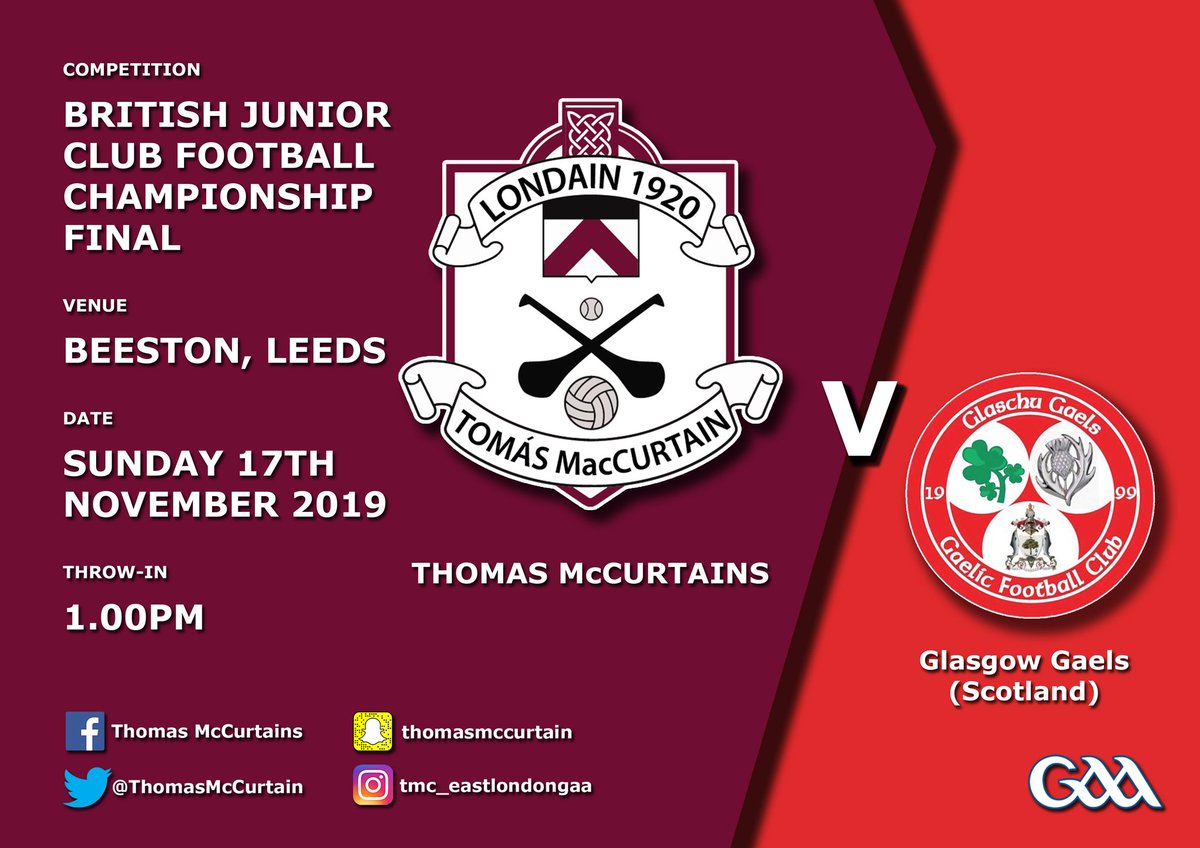 ThomasMcCurtain's tweet image. Details of the big match next weekend! The Footballers take on @glasgowgaels in the @BPCGAA Britain Final next Sunday in Leeds
If you are interested in travelling up on a supporters bus please contact Martin McGovern on 07807830556 or drop us a DM on Twitter 
#McCurtainsabú 🇶🇦