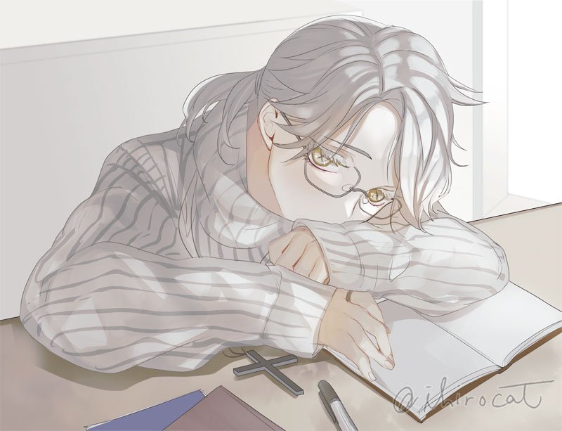 glasses 1boy yellow eyes solo male focus sweater book  illustration images