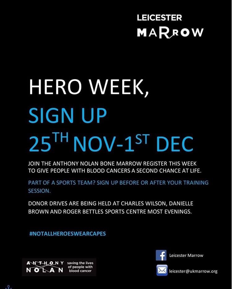UoLVC's tweet photo. In honour of Hero Week, Leicester Marrow will be coming at 8pm during our training session at DBSC in November 25th! Even if you don’t have training on this day, please feel free to come by and be a part of an amazing initiative! https://t.co/crDKCkLEey