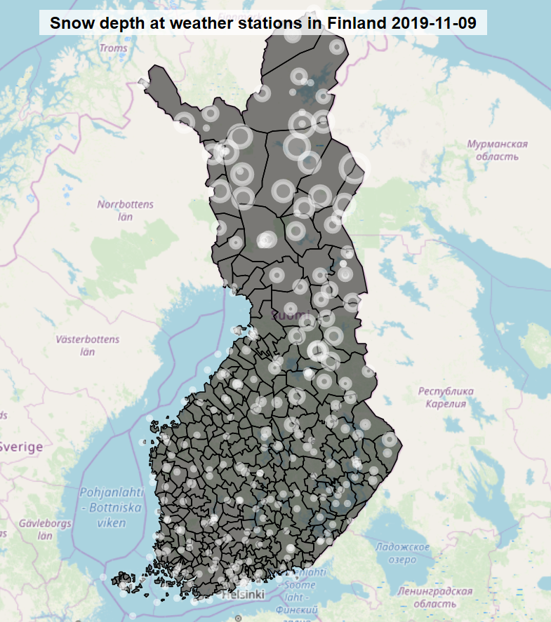 ttso's tweet photo. #30DayMapChallenge 10: B&W. Snow depth yesterday at weather stations in Finland https://t.co/EC30aMsItz Code: https://t.co/i4rBDDnjSb The bigger the circle, the more snow. Was lazy and used data via https://t.co/Fam2x9LlyP but glad to see there's #fmi2 ! @rOpenGov #geofi #RStats https://t.co/LUaxunPylQ