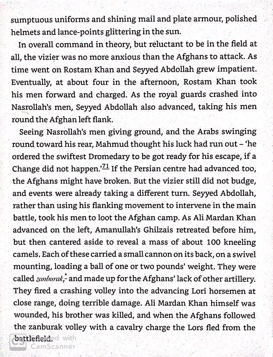Seeing Iran vulnerable, the Afghans invaded. In 1722, they defeated the Safavids at Golnabad, in part due to their small cailbre camel artillery. Heavier artillery was impractical in the region due to a lack of roads & mountainous terrain.
