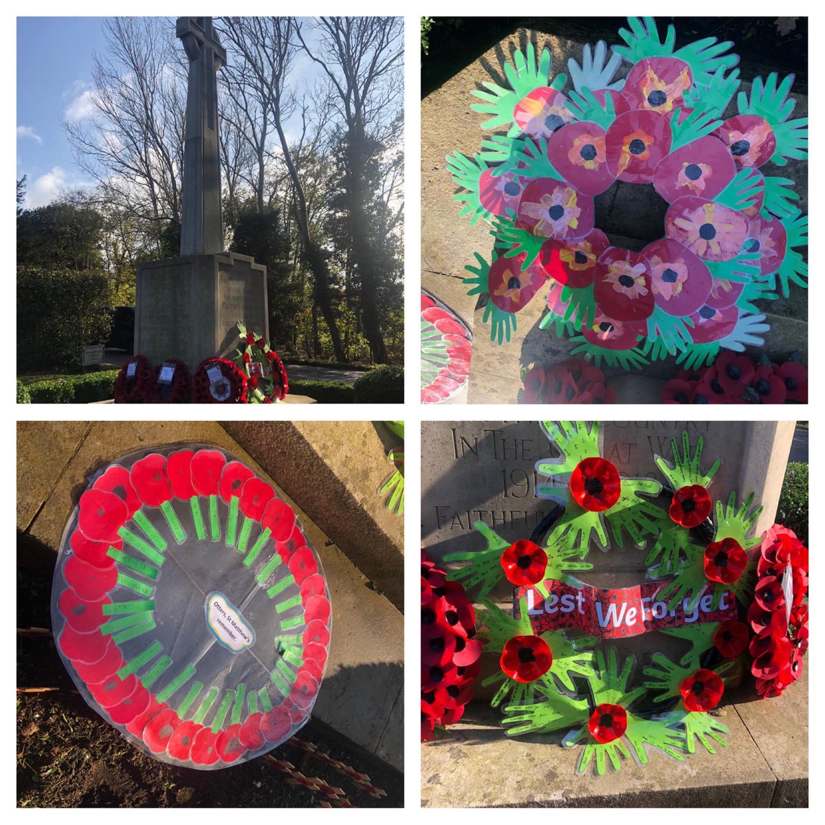 StMatthewsSch's tweet photo. Many of our children and some former pupils joined the congregation and Revs Hugh and Elizabeth at the war memorial this morning to join in with the remembrance service. Each class made a wreath to lay at the memorial in Ockham. #WeWillRememberThem https://t.co/WY9iHzP7hO
