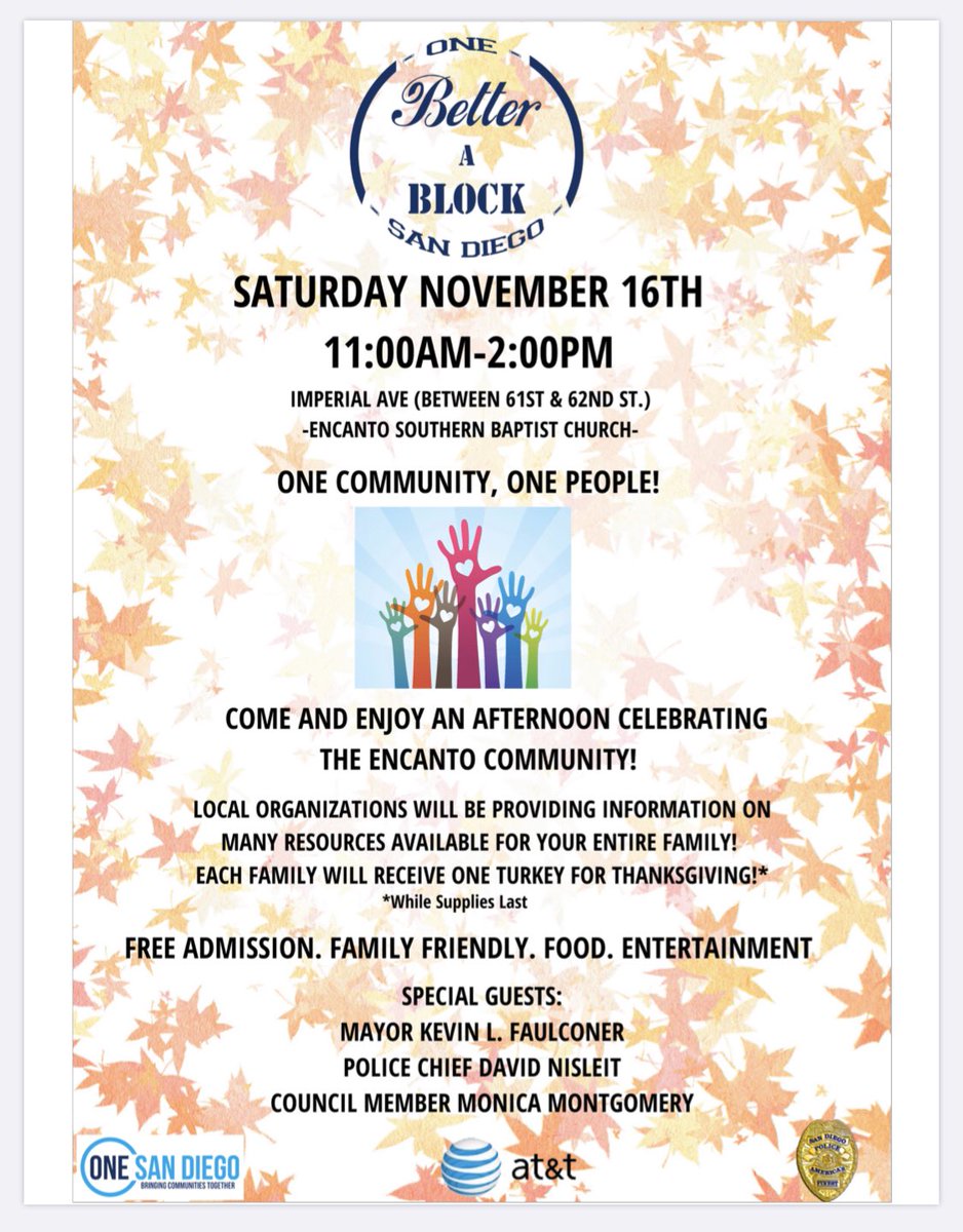 IYSSDUSD's tweet photo. @OneSanDiego hosting a Better a Block event Saturday, November 16, 2019. #betterablock #buildingcommunities #turkeysfordinner #food #entertainment #free #familyfriendly https://t.co/stlZmq744f