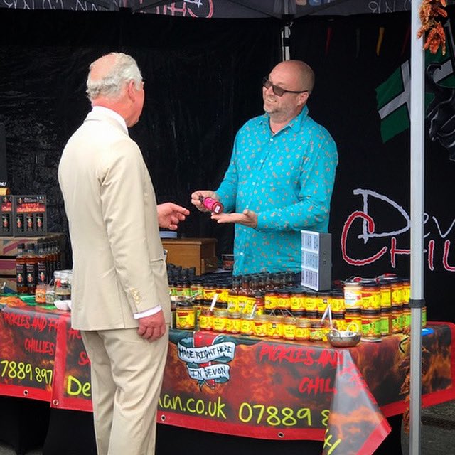 chillimagazine's tweet photo. Devons own caped chilli crusader @devonchilliman Cliff Hyslop continued the royal connect with Prince Charles paying his stand a visit and telling us about what makes him a super hero!

https://t.co/y7WWBhc8Wc

#devonchilliman #interview #chilli #royalfamily #princecharles https://t.co/7vU4hkRlRt