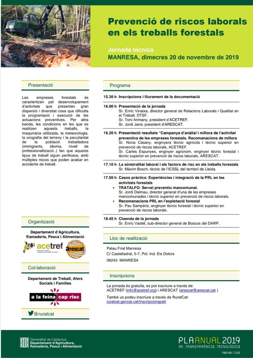 sfadfcat's tweet photo. ➡️ [FORMACIÓ] 📢 Jornada tècnica: Prevenció de riscos laborals 
en els treballs forestals. 

📅 20/11 de 15.30 h a 19.00 h
📍 Palau Firal de Manresa
🎟 Info i inscripcions: https://t.co/rq5mGnjVd1

Organitza @agriculturacat, #acetref, #arescat amb col·laboració de @treballcat. https://t.co/rkb8eOwo9l