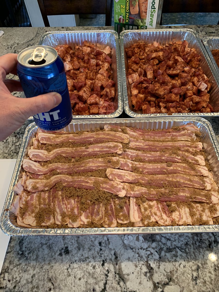 CMonQue913's tweet photo. Pork belly and bacon on the smoker for the @Chiefs game let’s go! https://t.co/yEQD7BU20r