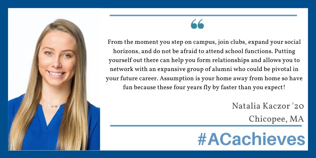 AssumptionUadm's tweet photo. A chemistry major (pre-dental track) and Spanish minor, Natalia did her internship at Randolph Products as a research &amp; development/ quality control intern. Assumption has taught Natalia to expand her networks and never be afraid to take chances!  🐾 #ACachieves 🐾 https://t.co/MguhnUnVwO