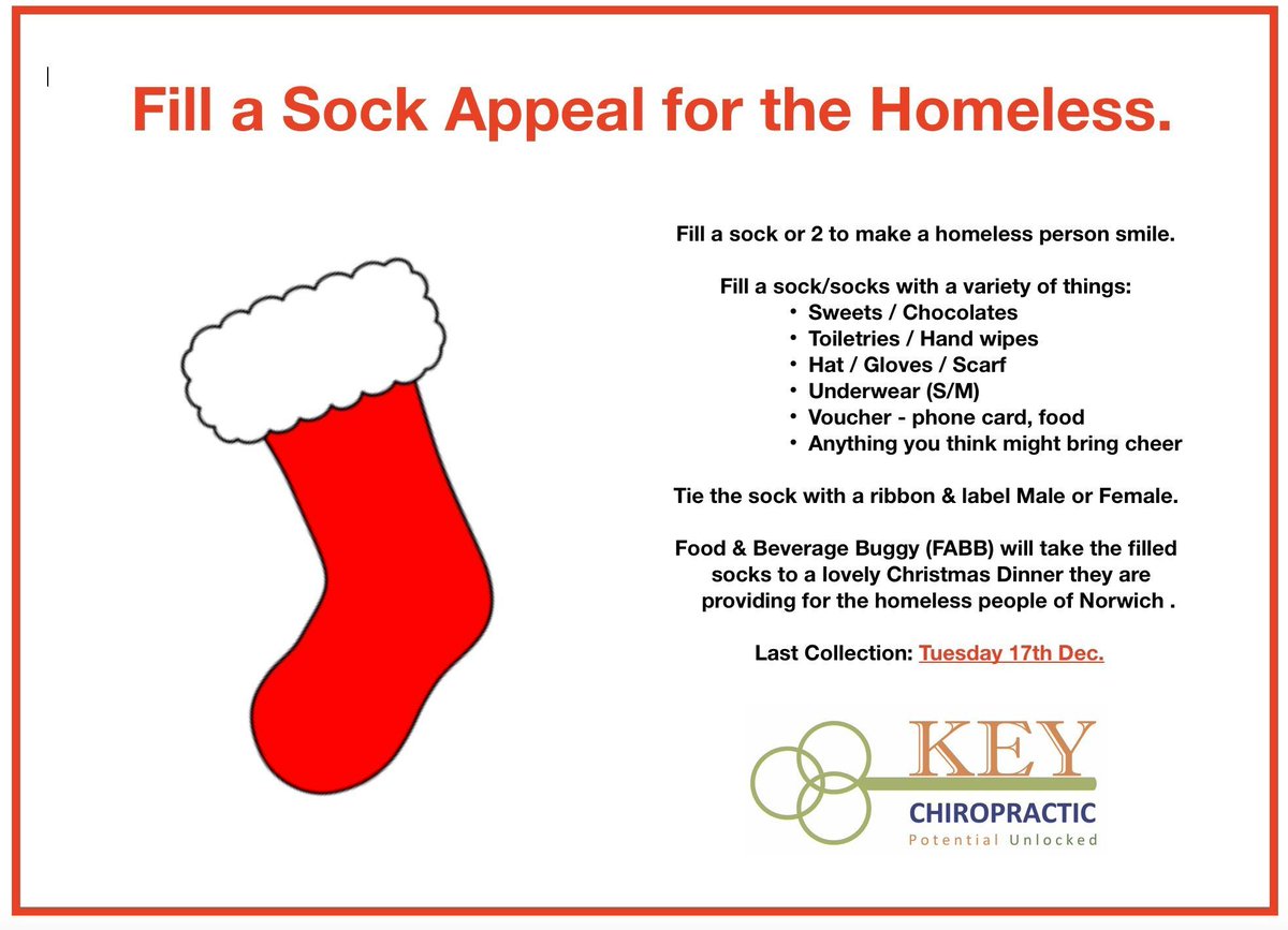 Fill a sock appeal for the homeless.
Last collection 17th Dec 19

buff.ly/2HDOyUP
07809 901 302