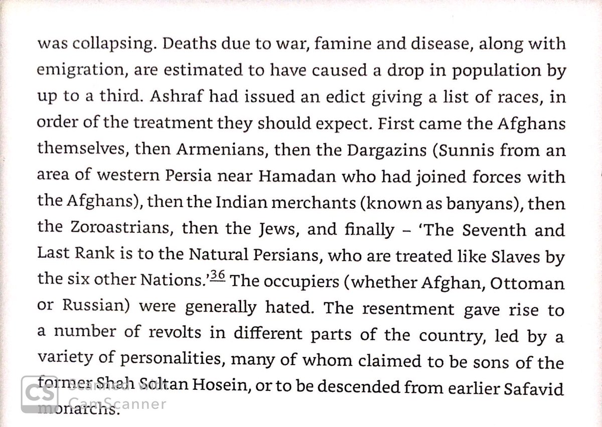 A third of Iran’s population died in the chaotic times of the 1710s & 1720s. Afghan occupiers of Isfahan created a caste system with themselves at top, various ethnic minorities in the middle, & Persians at the bottom. Predictably, this made Afghans hated.