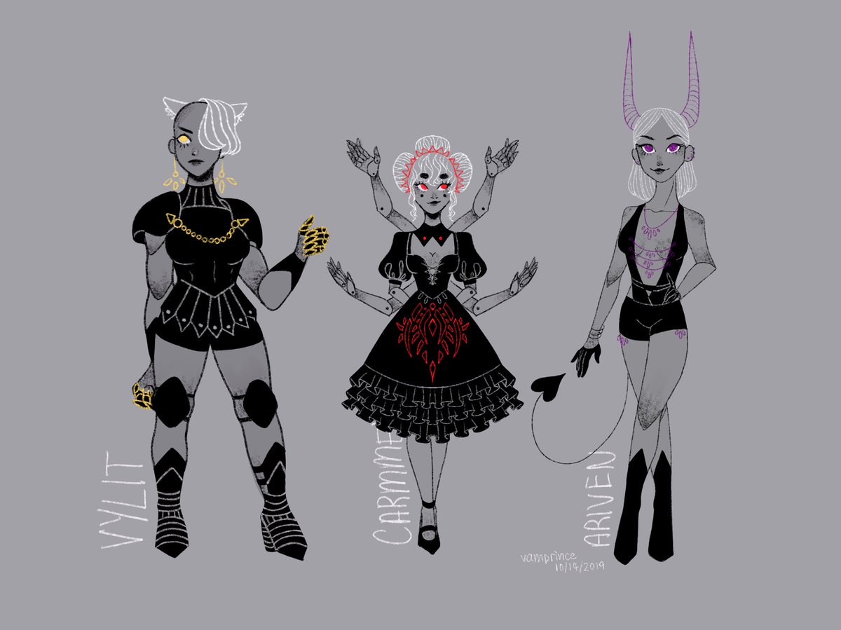 vamprince__'s tweet photo. just realized i never posted this! these are some OCs from #asodel #intheshadowoftheclocktower - wolf, (Vylit Orell, she/her), spider (Carmmel Sainte, she/them), and demon (Ariven Manin, they/her)!
#OCArtistsConnect https://t.co/h6BnmKkiPU