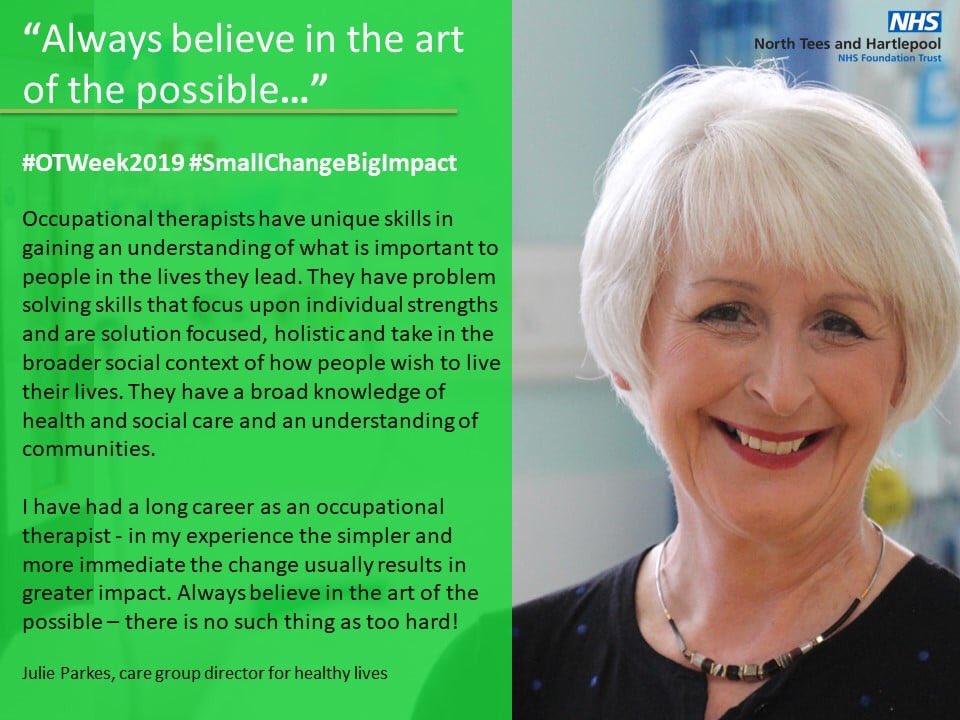 NTeesHpoolNHSFT's tweet image. Julie Parkes is the care group director for healthy lives -  she has strategic and operational oversight (quality, performance and safety) for the services in the care group. Julie started her career as an occupational therapist #OTWeek2019 #SmallChangeBigImpact