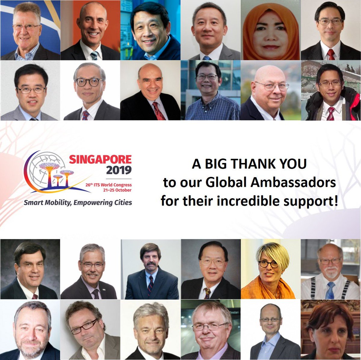 ITS_Singapore's tweet photo. The organisers of the 26th ITS World Congress 2019, @LTA and @ITS Singapore, would like to express our utmost gratitude to the Global Ambassadors for their incredible support in making the #ITSWC19 a successful congress! https://t.co/XBxWiK1IOx