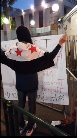 EyesOnIdlib's tweet photo. From Japam our Friend Takako demonstrating in front of the Embassy of the Russian Federation
"to Russia:
Hospitals, schools, and civil defense center are not targets
Don't kill innocent civilians
They are not terrorists
You're a terrorist!!"
#SaveIdlib #WithIdlib #FreeSyria https://t.co/3ZIopfQ2qa