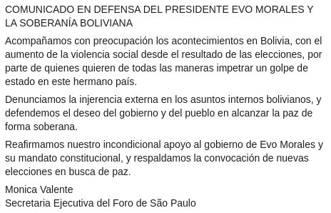 ForodeSaoPaulo's tweet photo. Comunicado de la Secretaría Ejecutiva del Foro de São Paulo, @movalente, en defensa de @evoespueblo y la soberanía del pueblo boliviano #EvoEsPueblo https://t.co/cRIE6UGprx
